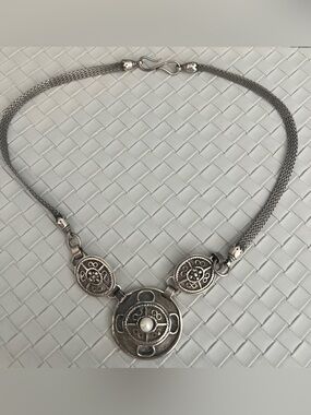 Vintage Sterling Silver Necklace | 33g | Greek Artisan Style | Pearl Accent
